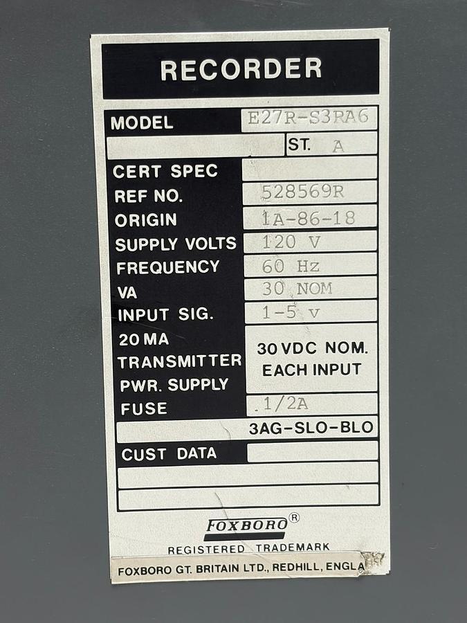 Used Foxboro E27R-S3RA6 3-Pen Chart Recorder 120V 1-5V Input