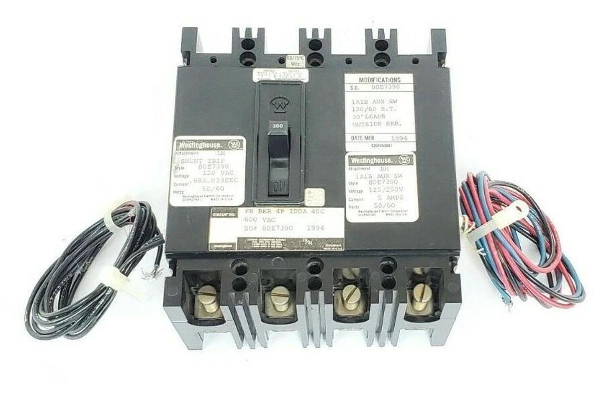 Used WESTINGHOUSE 80E7390 CIRCUIT BREAKER ASSY FB BKR 4P 100A 40C 600VAC 1A1B