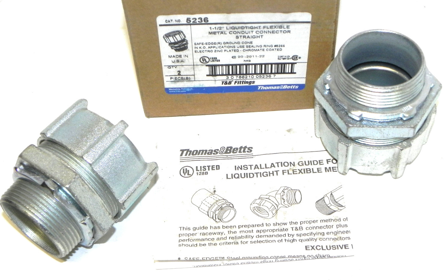 Used BOX OF 2 NEW THOMAS & BETTS 5236 METAL CONDUIT CONNECTORS 1-1/2'' LIQUIDTIGHT