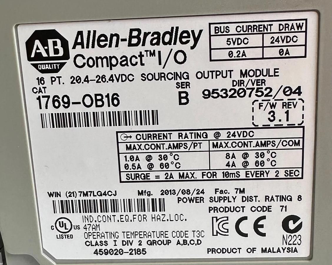Used ALLEN BRADLEY 1769-OB16 /B Compact I/O 16-PT SOURCING OUTPUT MODULE 1769OB16