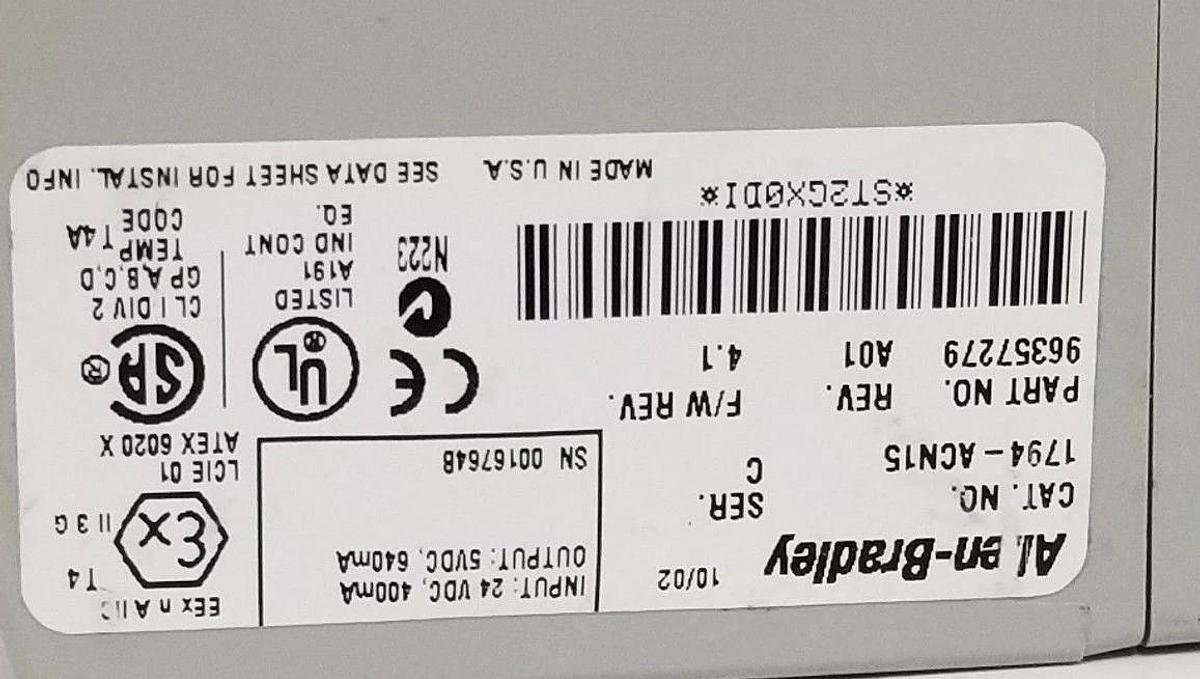 Used ALLEN BRADLEY 1794-ACN15 FLEX I/O CONTROLNET ADAPTER SER. C, F/W: 4.1
