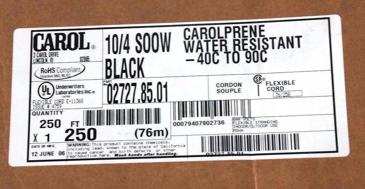 Used CAROL 250' FT 10/4 SOOW BLACK 10AWG RUBBER CORD EXTENSION WIRE/CABLE 02727.85.01