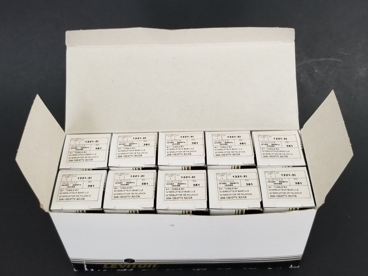 Box of 10 Leviton 1221-2I Ivory Toggle Switch 20A 120/277V Grounding - New