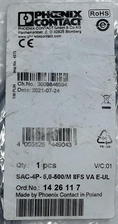 Used Phoenix Contact 1426117 SAC-4P-5,0-500/M 8FS VA E-UL Sensor/Actuator Cable 5m M8
