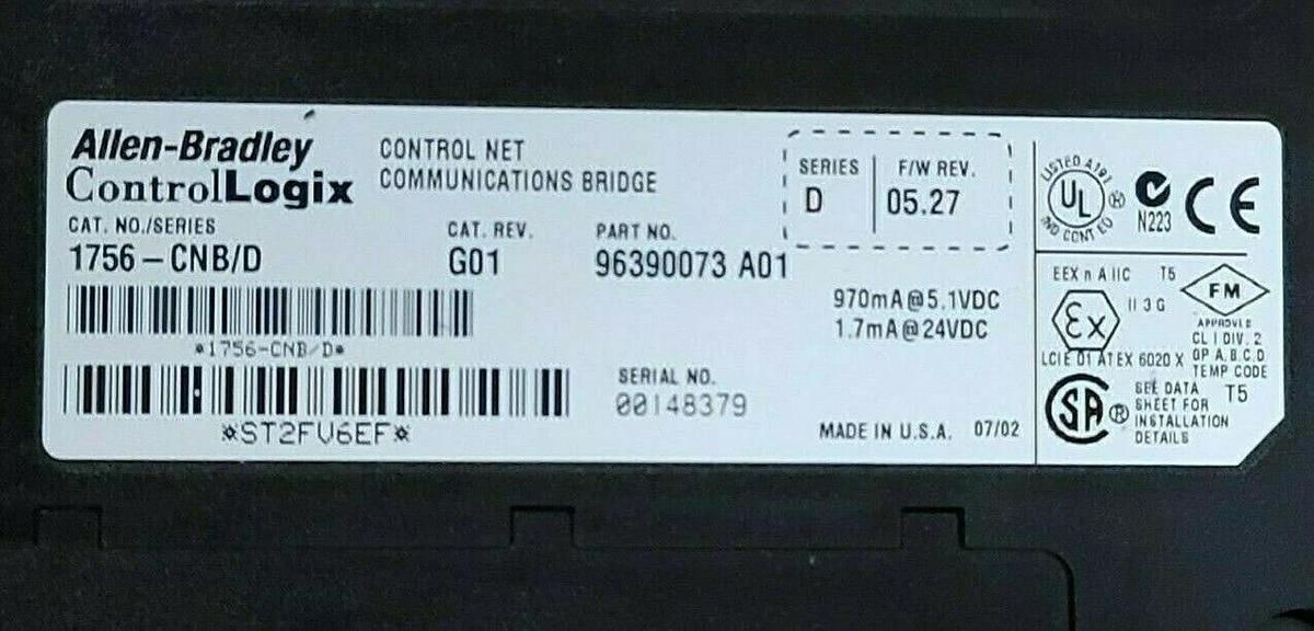 Used (2) ALLEN BRADLEY 1756-CNB/D CONTROL NET COMMUNICATIONS BRIDGES CAT. REV. G01