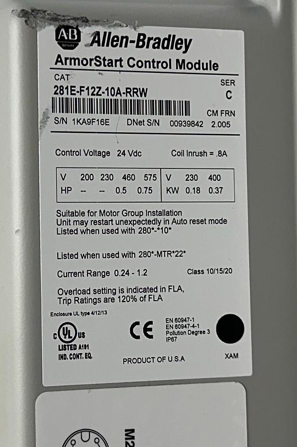 Used ALLEN BRADLEY 281E-F12Z-10A-RRW /C ArmorStart CONTROL 280E-FN-10-R /C Enet NSNP