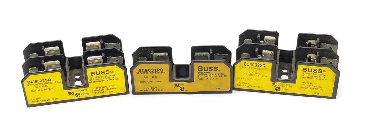 Used LOT OF 3 ASSORTED BUSS FUSEHOLDERS BM6032SQ, BM6031PQ, BC6032SQ