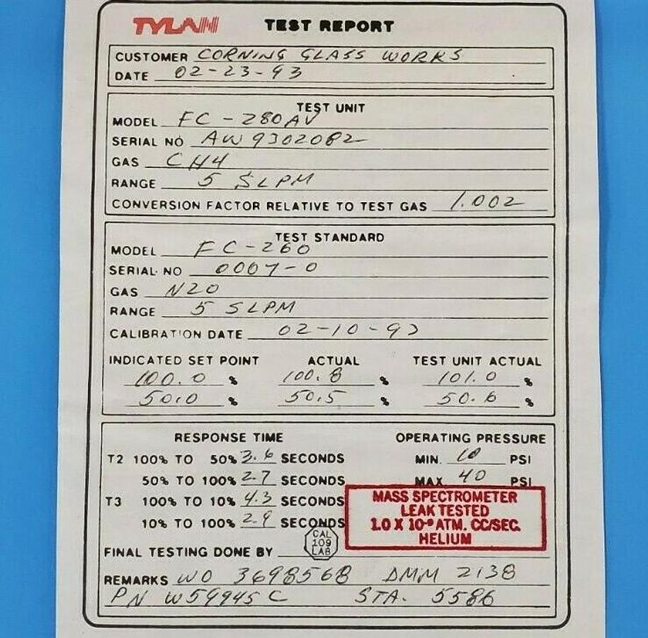 Used NEW TYLAN MILLIPORE FC-280AV-4S MASS FLOW CONTROLLER MODEL FC-280 10 SLPM 02