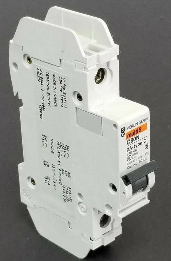 Used MERLIN GERIN CAT. NO. 60103 MULTI9 CIRCUIT BREAKER C60N 2A-TYPE C 240VAC