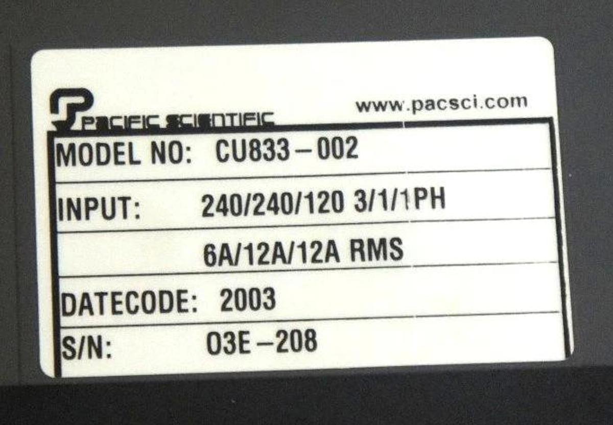 Used PACIFIC SCIENTIFIC PC800 MODEL: CU833-002 BRUSHLESS SERVO DRIVE CU833002
