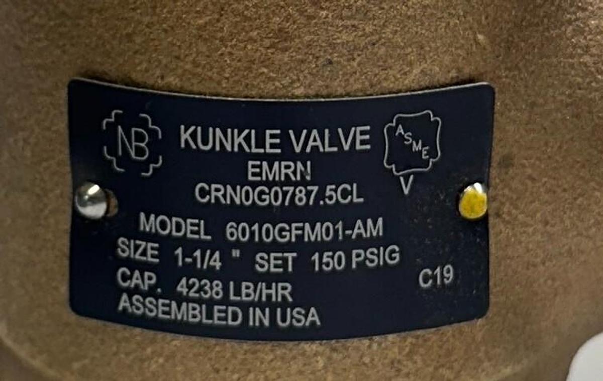 Used KUNKLE VALVE 6010GFM01-AM-0150 / 6010GFM01-AM SAFETY RELIEF VALVE 1-1/4'' NSMP