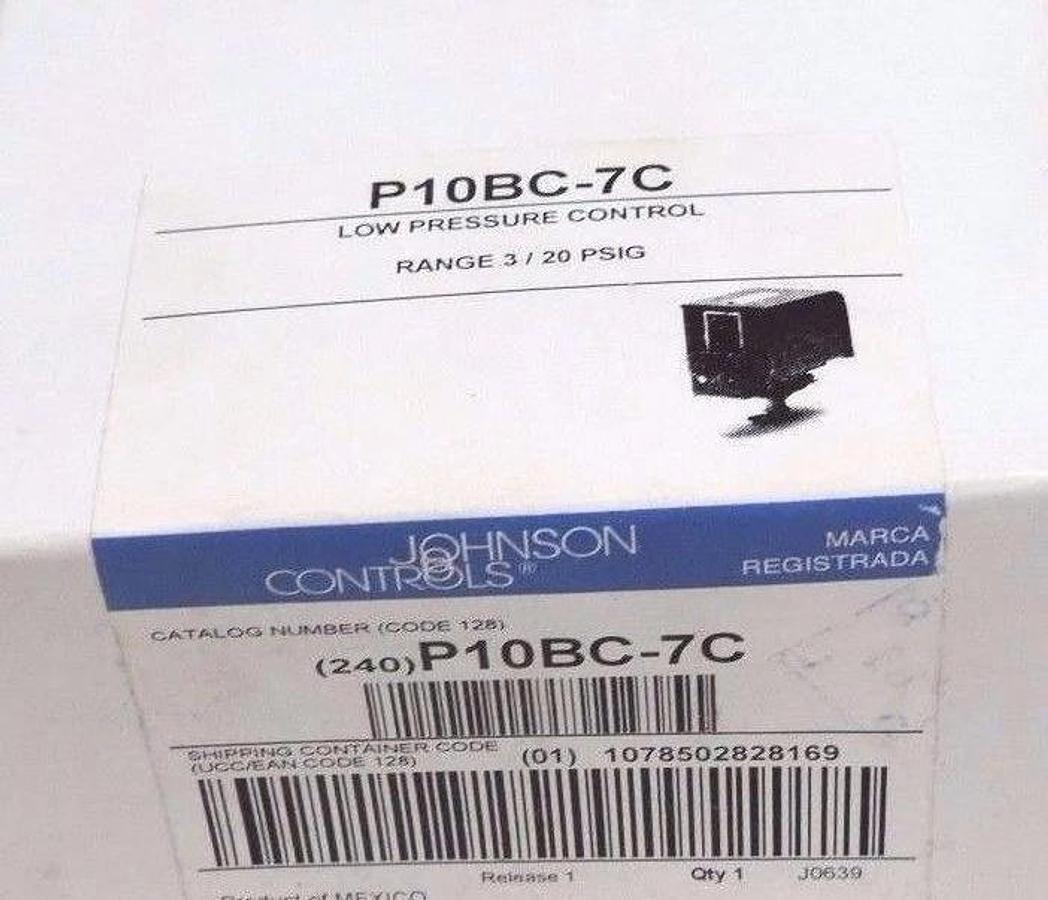 Used NIB JOHNSON CONTROLS P10BC-7C LOW PRESSURE CONTROL RANGE: 3 / 20 PSIG P10BC7C
