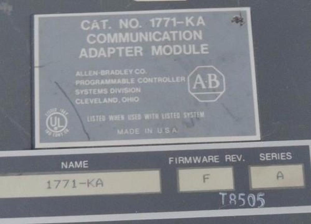 Used ALLEN BRADLEY 1771-KA COMMUNICATION ADAPTER MODULE FIRMWARE REV F SER A 1771KA
