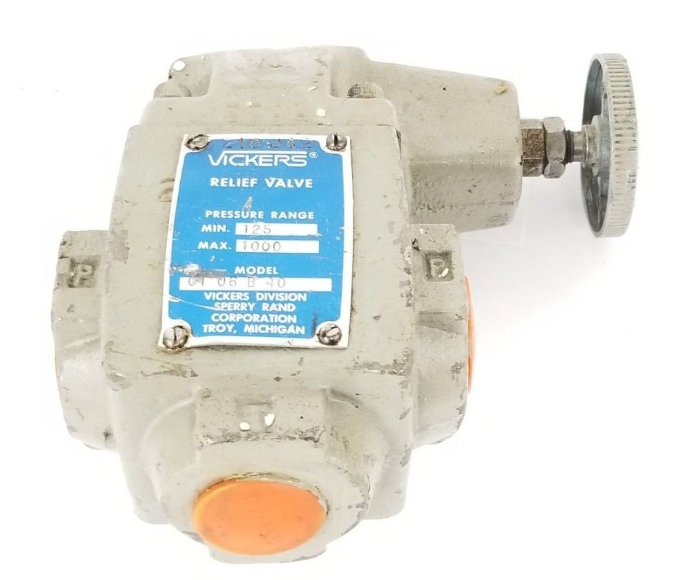 Used VICKERS 01-06-B-40 RELIEF VALVE 125-1000PSI 0106B40 *DAMAGED*