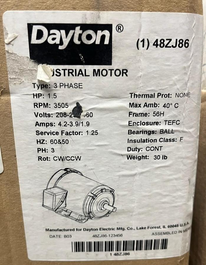 Used Dayton 48ZJ86 1.5 HP General Purpose Motor 3-Phase 3465 RPM | TEFC | 56H Frame