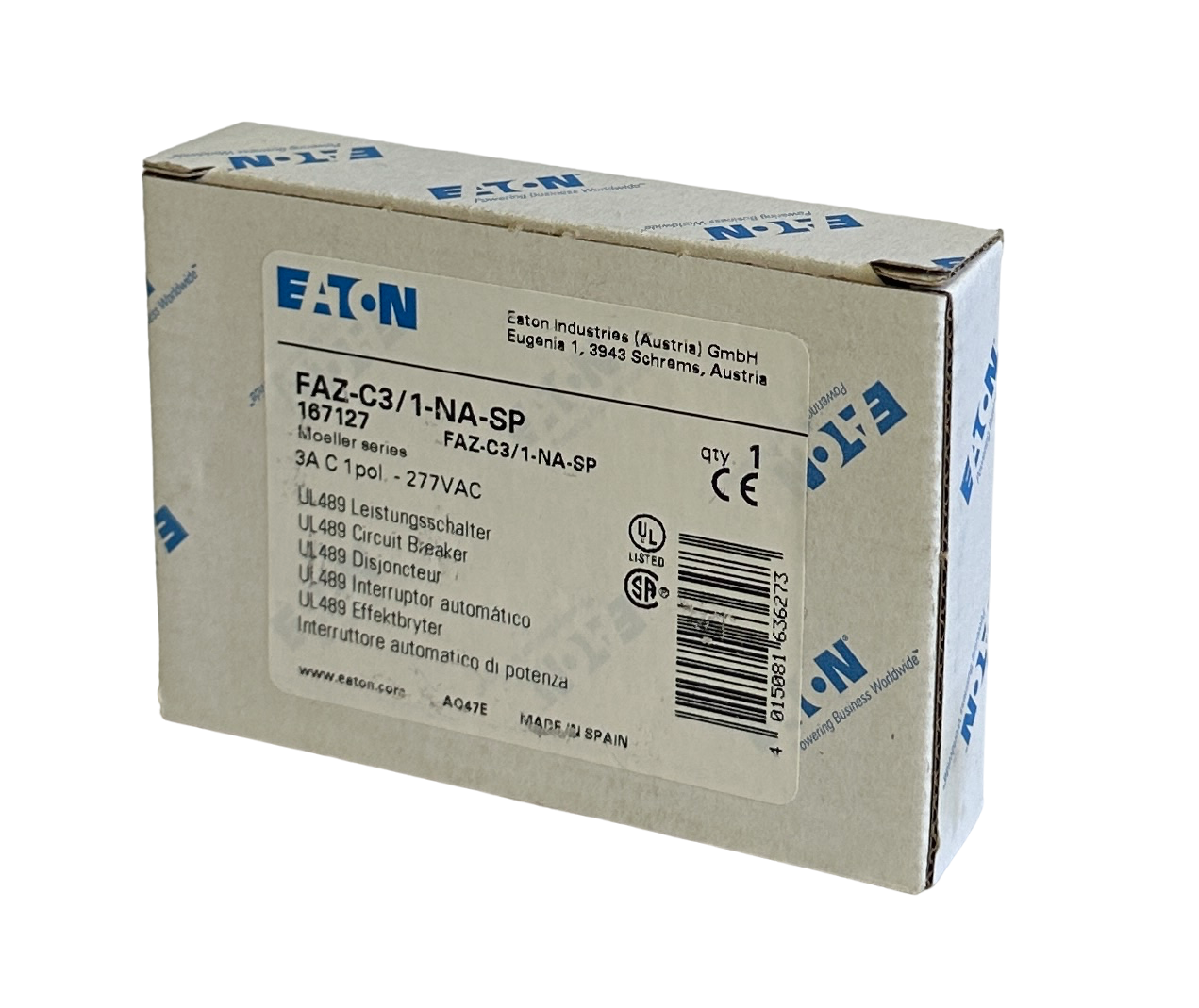 Used NEW EATON FAZ-C3/1-NA-SP / 167127 MOELLER SERIES 3A CIRCUIT BREAKER 1P 277VAC