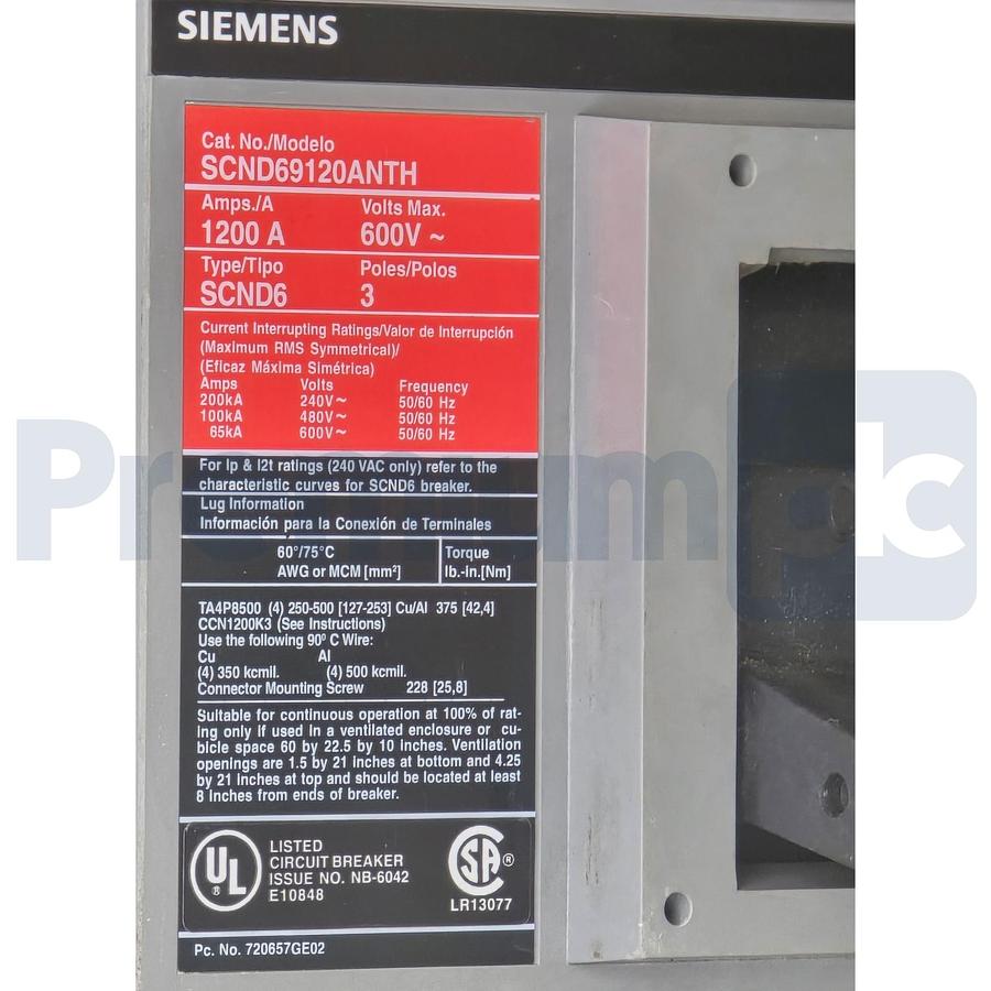 Used Siemens Sentron SCND69120ANTH Type SCND6 Circuit Breaker 3P 600V 1200A w/Trip