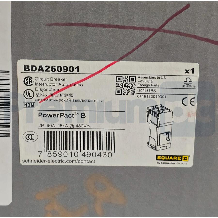 Used Square D BDA260901 | BD90 PowerPact B 2-Pole 90A 18kA 480V Circuit Breaker NSMP