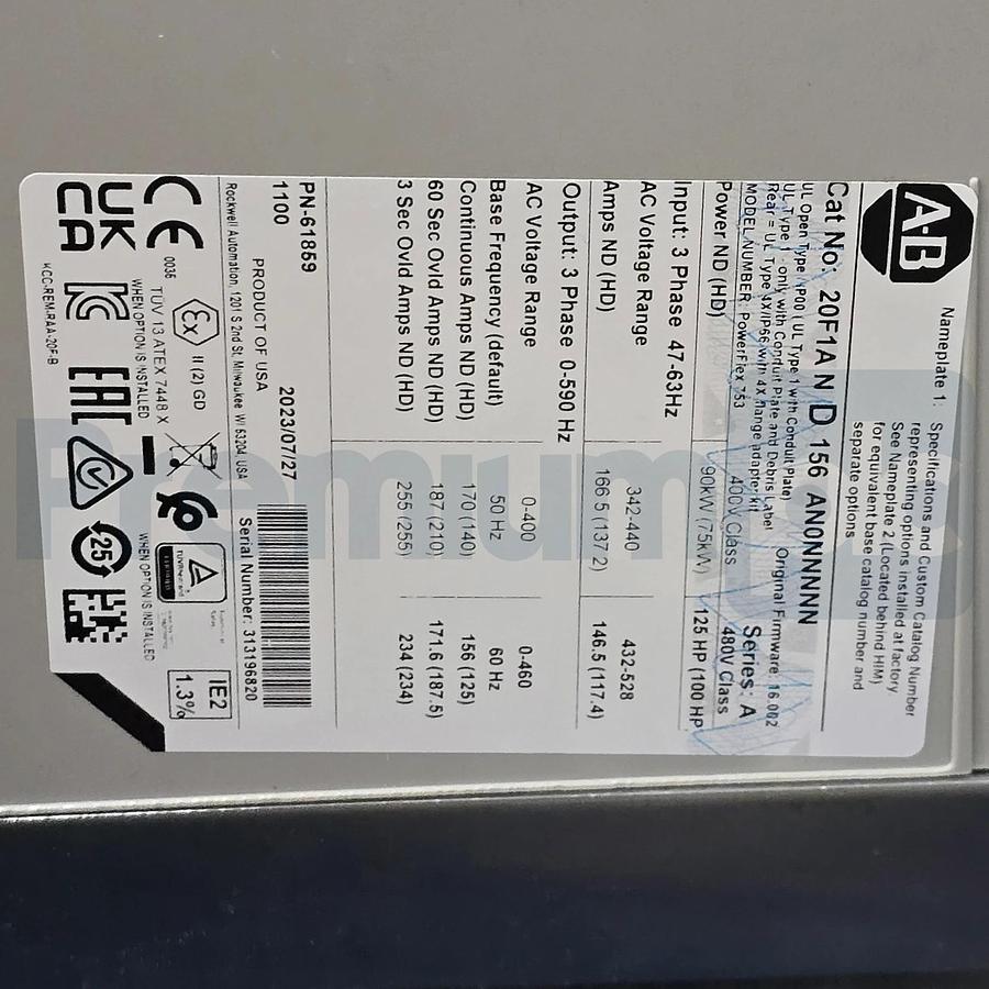 Allen Bradley 20F1AND156AN0NNNNN /A PowerFlex 753 AC Drive 480V 125HP 156A NSMP