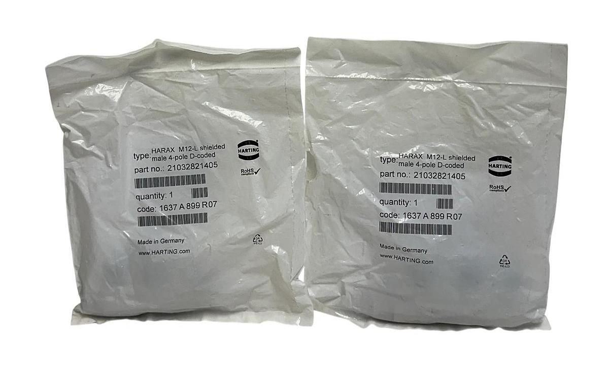 Used 2 HARTING 1637 A 899 R07 / 21032821405 HARAX M12-L shielded male 4-pole OEM NSFS