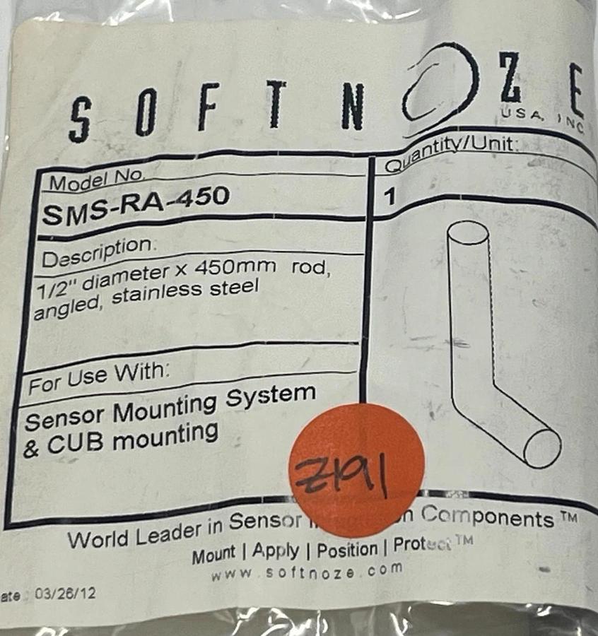 Used SOFTNOZE SMS-RA-450 Angled Sensor Mounting Rod 1/2" Diameter x 450mm S.S, NSFS