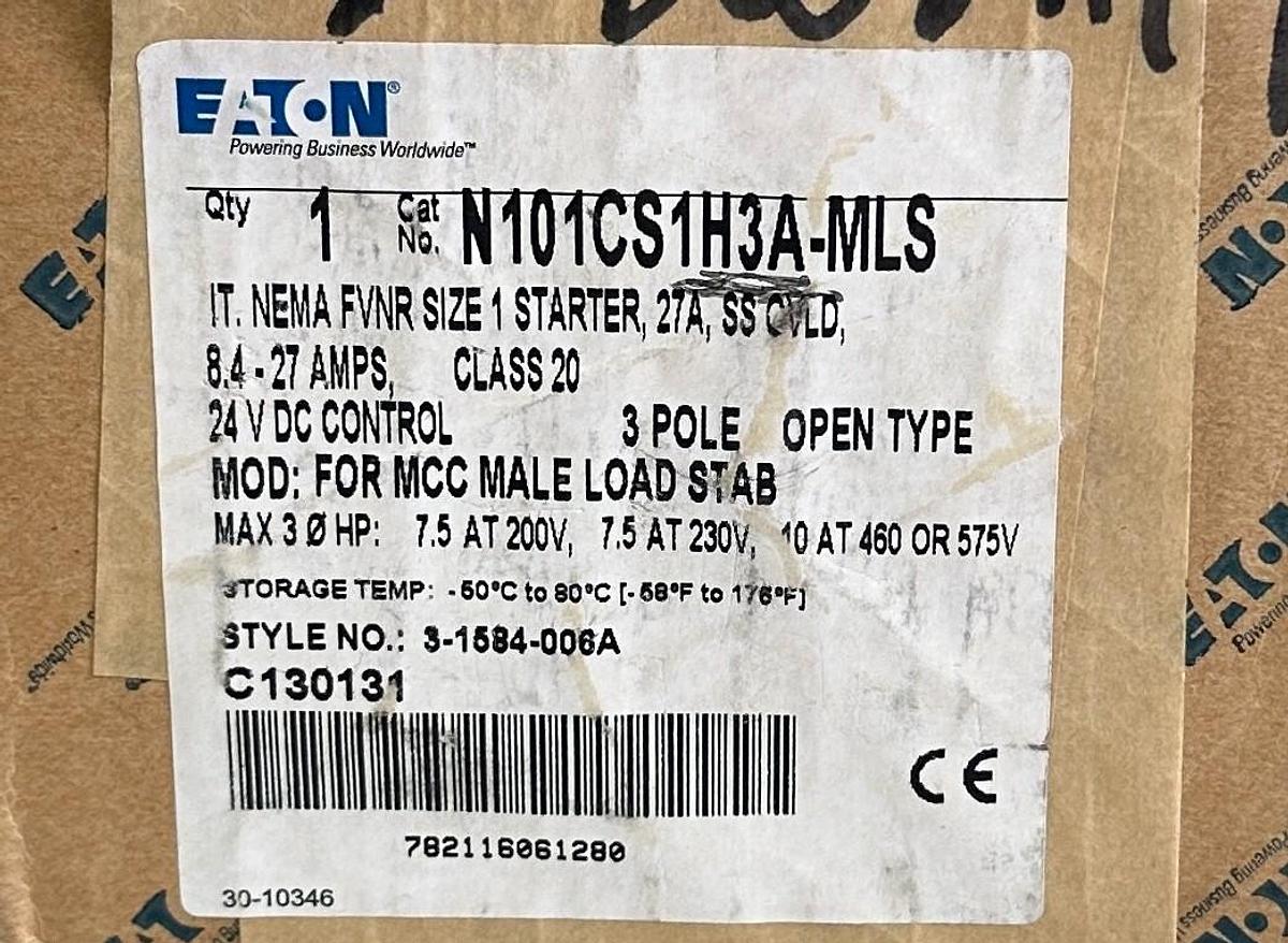 Used NEW EATON N101CS1H3A-MLS / 3-1584-006A NEMA FVNR SIZE 1 STARTER 27A 24VDC 3-POLE