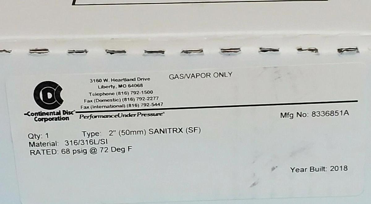 Used NIB CONTINENTAL DISC CORP. 8336851A TYPE: 2'' SANITRX (SF) 50MM GAS/VAPOR