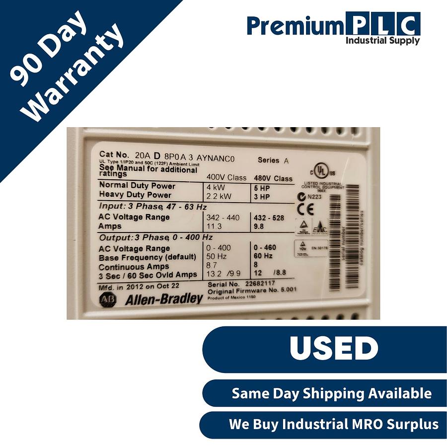 Used ALLEN BRADLEY 20AD8P0A3AYNANC0 /A POWERFLEX 70 AC DRIVE 8A 5HP 480V FRN. 5.001