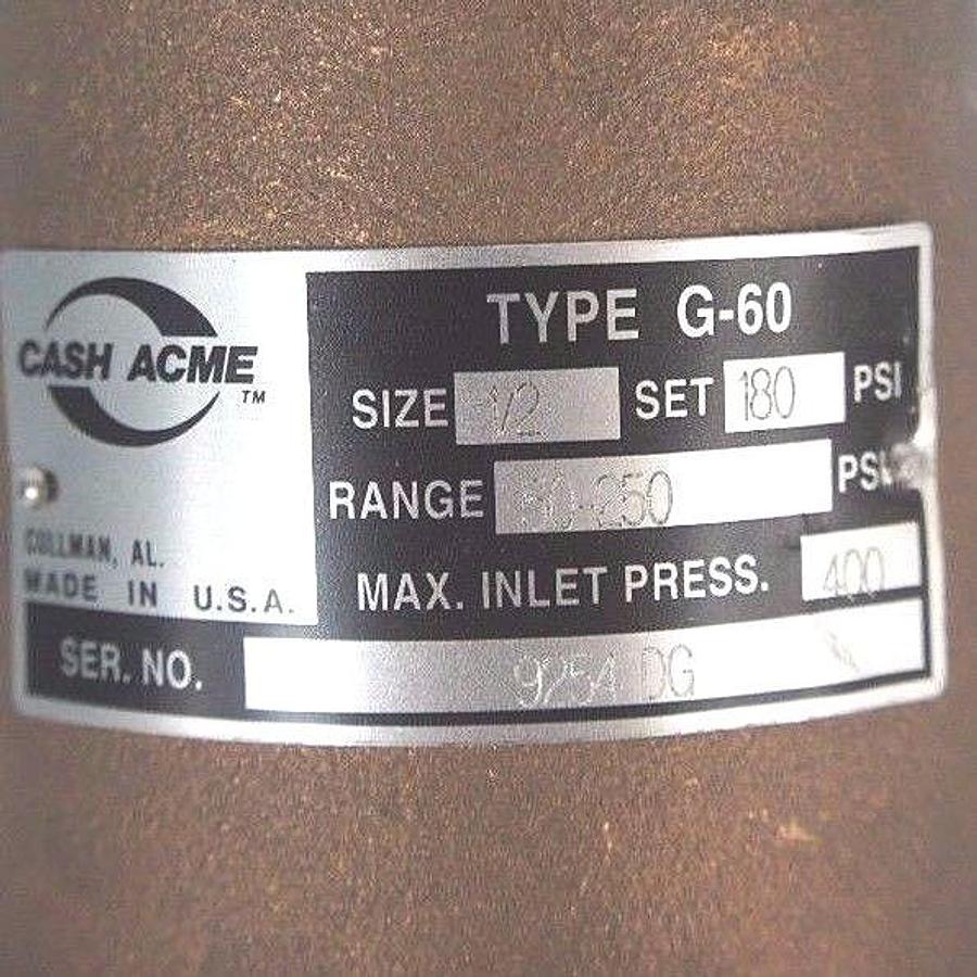 Used NEW CASH ACME TYPE G-60 PRESSURE REGULATING VALVE 1/2" BRONZE, 50-250 PSI RANGE