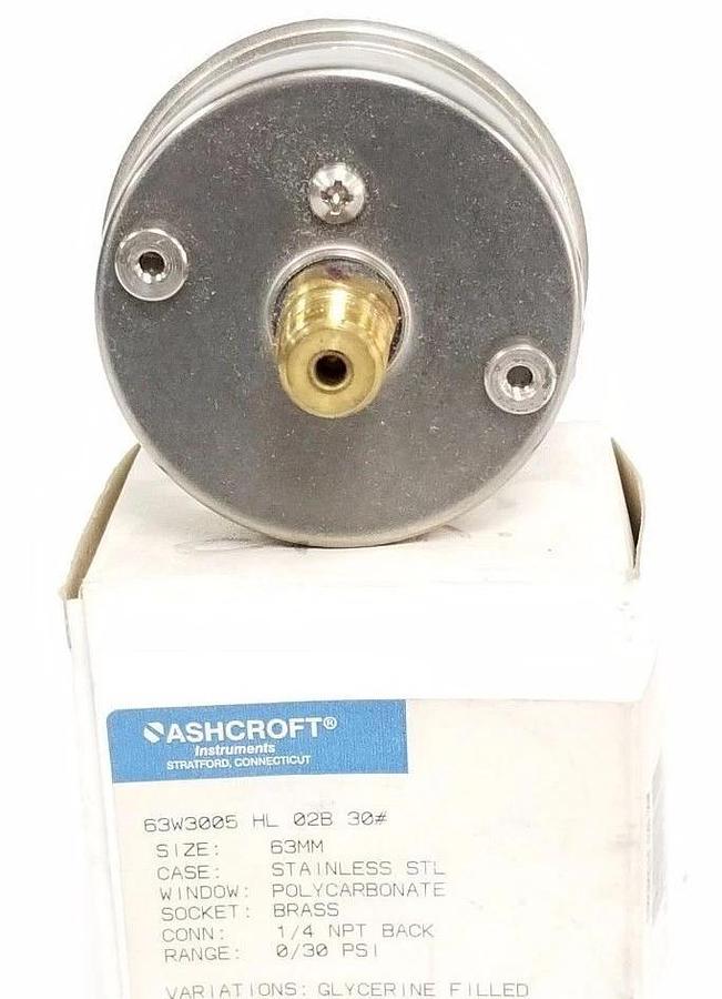 NIB ASHCROFT 63W3005 HL 02B 30 GAUGE SIZE: 63MM, 1/4 NPT BLACK, RANGE: 0/30 PSI