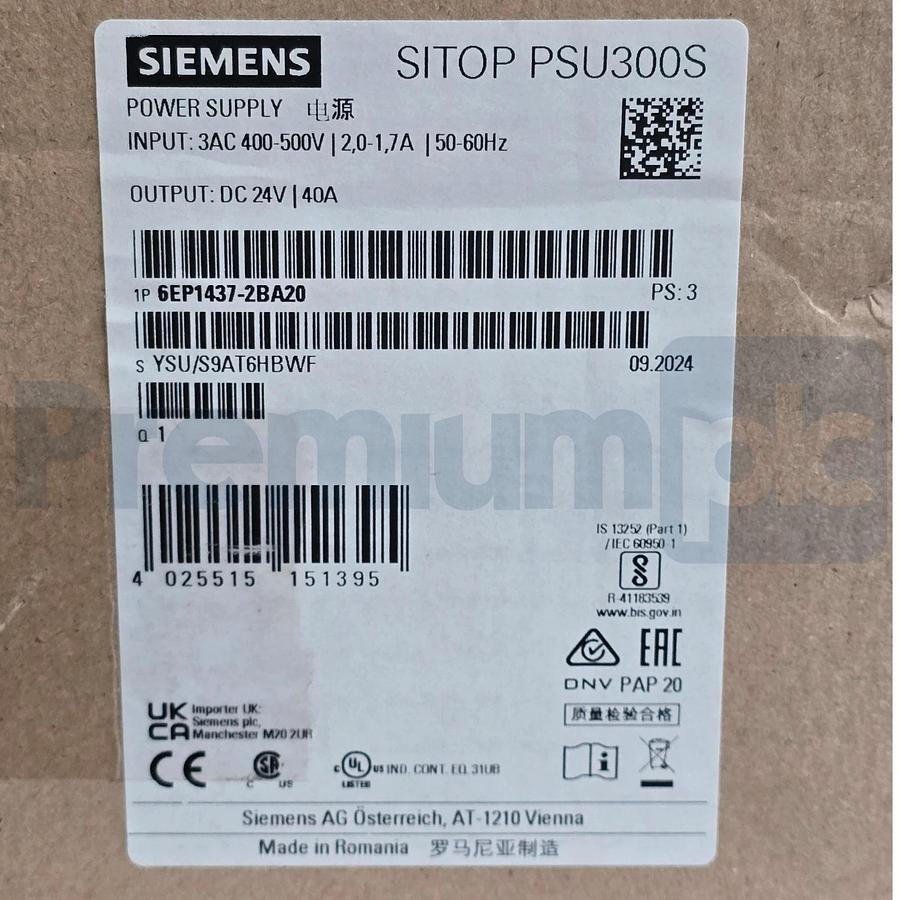 Siemens 6EP1437-2BA20 SITOP PSU300S Power Supply 3AC 400-500V DC 24V 40A NSMP