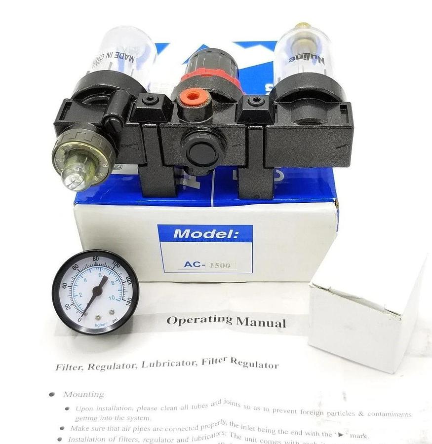 Used NIB NULINE AC-1500 MINI FILTER REGULATOR ASSEMBLY W/ GAGE - 1/8" PIPE POLY BOWL