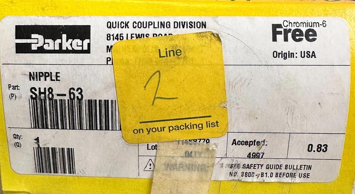 NEW PARKER SH8-63 / SH863 HYDRAULIC HOSE NIPPLE 50GPM