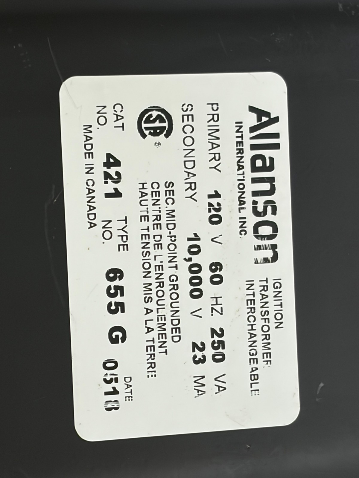 Used Allanson 421 Ignition Transformer 120V 10000V Type 655 G Unused Surplus New