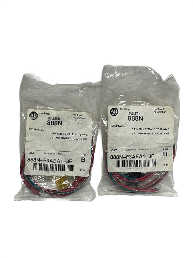 Used Lot of 2 Allen-Bradley 888N-F3AEA1-3F Mini Receptacle 3-Pin Female 3ft 18AWG NEW