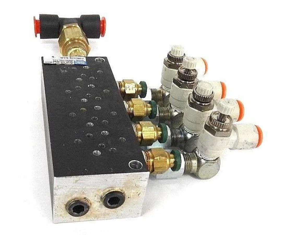 Used MAC CIRCUIT BAR W/ (4) SMC AS2201F-N01-04K FLOW CONTROL FITTINGS