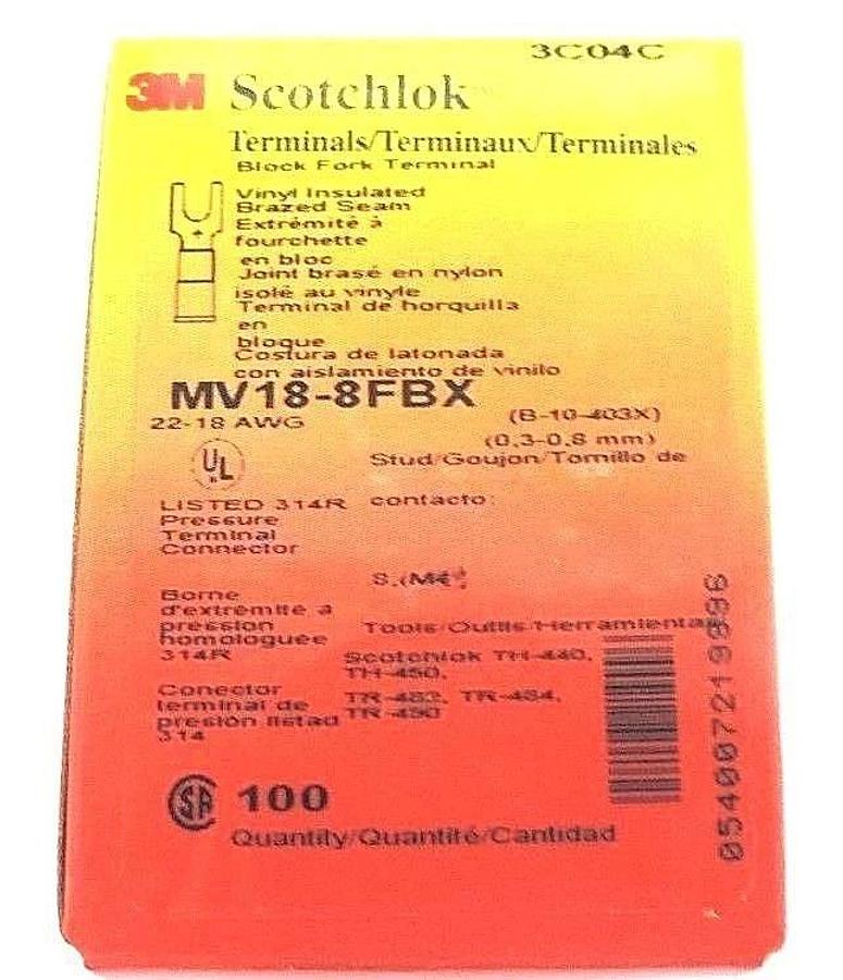 Used BOX OF 100 3M SCOTCHLOK MV18-8FBX FORK TERMINALS MV188FBX, 22-18 AWG