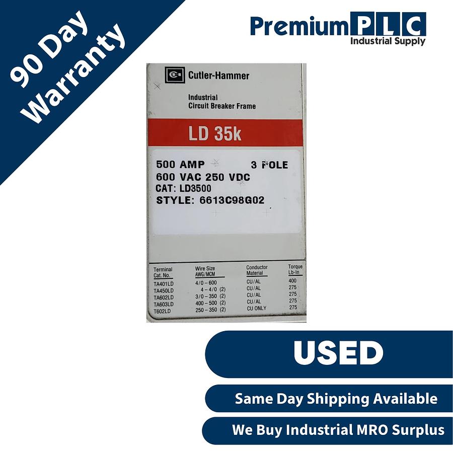 Used CUTLER-HAMMER LD3500 (6613C98G02) 3P 500A LD35k CIRCUIT BREAKER W/LT3500T TRIP