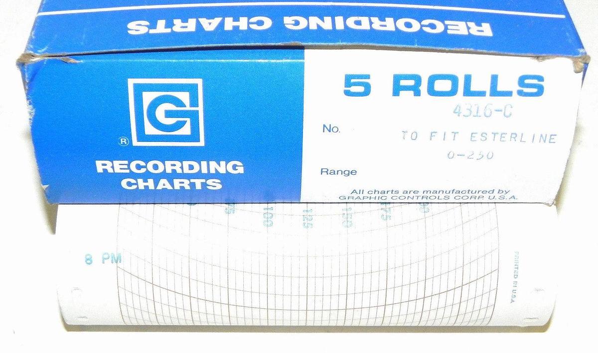 Used NIB 5 ROLLS GRAPHIC CONTROLS 4316-C RECORDING CHARTS, FIT ESTERLINE, RANGE 0-250