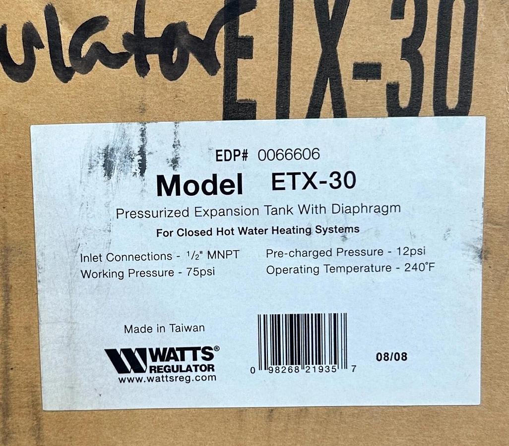 Used WATTS 0066606 MODEL ETX-30 / ETX30 PRESSURIZED EXPANSION TANK W/ DIAPHRAGM NSFS