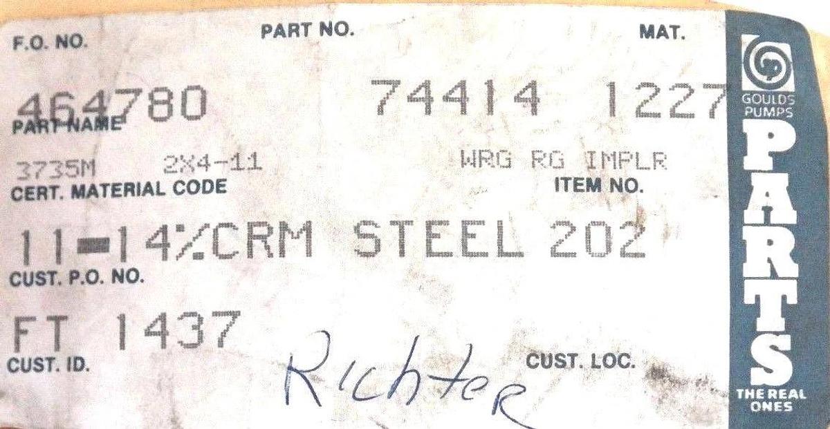NEW GOULDS PUMP 74414-1227 WRG RG IMPLR 3735M 2X4-11 11-14%CRM STEEL 202