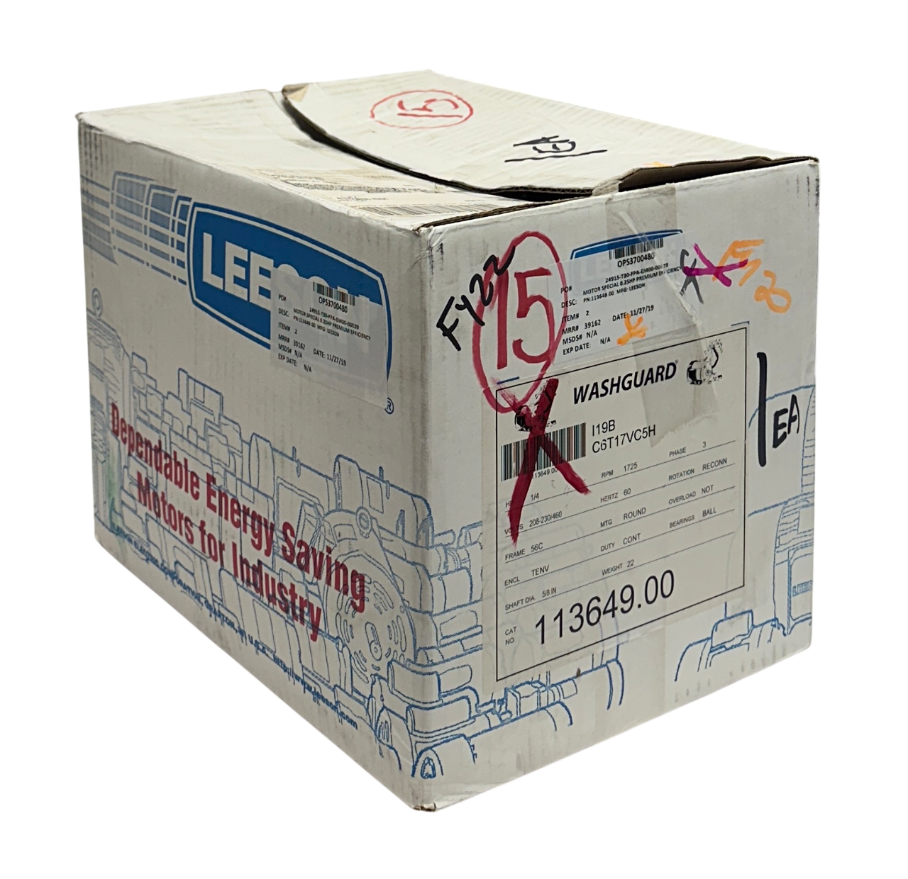 Used LEESON 113649.00 / C6T17VC5H WASHGUARD ELECTRIC MOTOR 1/4HP 208-230/460V NSMP