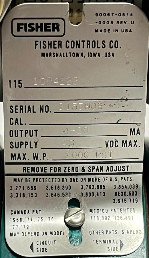 Used FISHER CONTROLS 115-1DP4E22 PRESSURE TRANSMITTER 4-20MA 45VDC 2000PSI 1151DP4E22