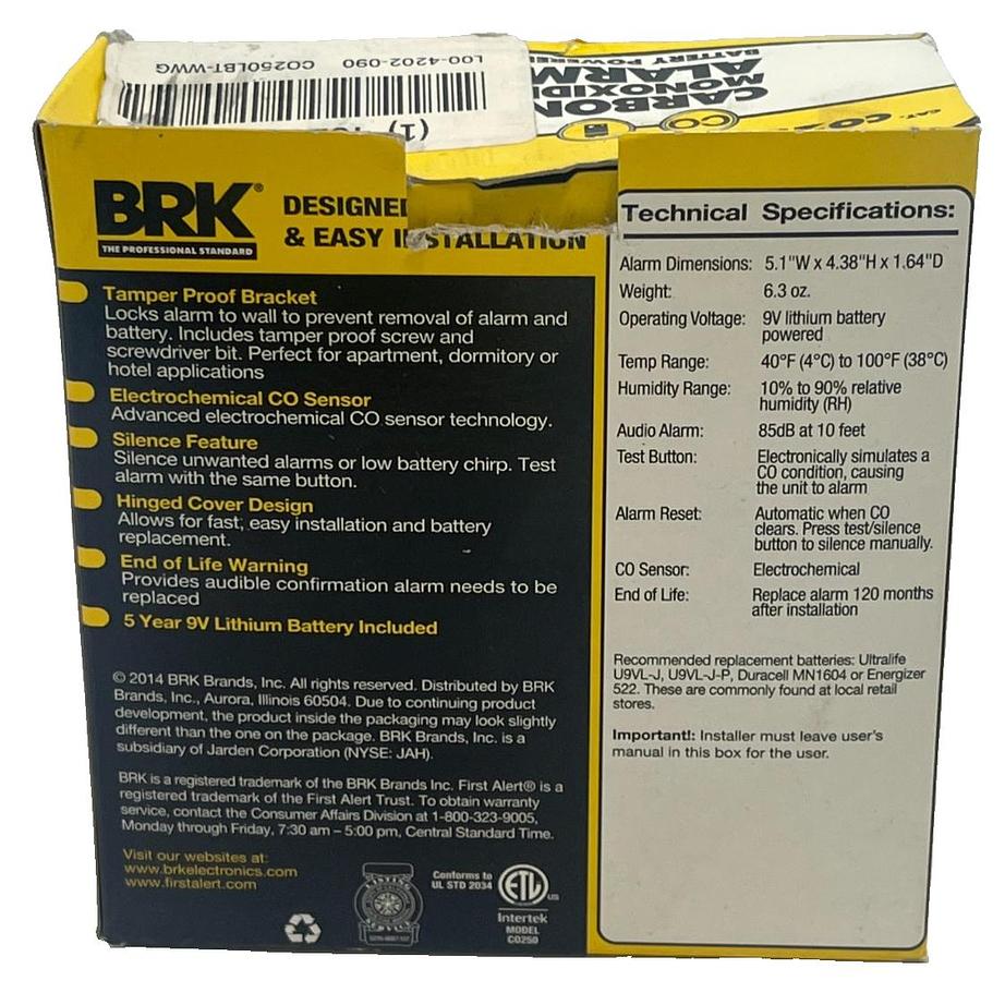 Used LOT of 3: BRK CO250LBT Carbon Monoxide Alarm 5yr Lithium Battery Tamper-Proof UL