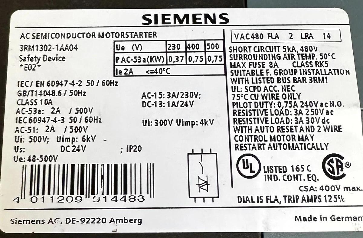 Used SIEMENS 3RM1302-1AA04 / 3RM13021AA04 FAIL-SAFE AC SEMICONDUCTOR MOTOR STARTER