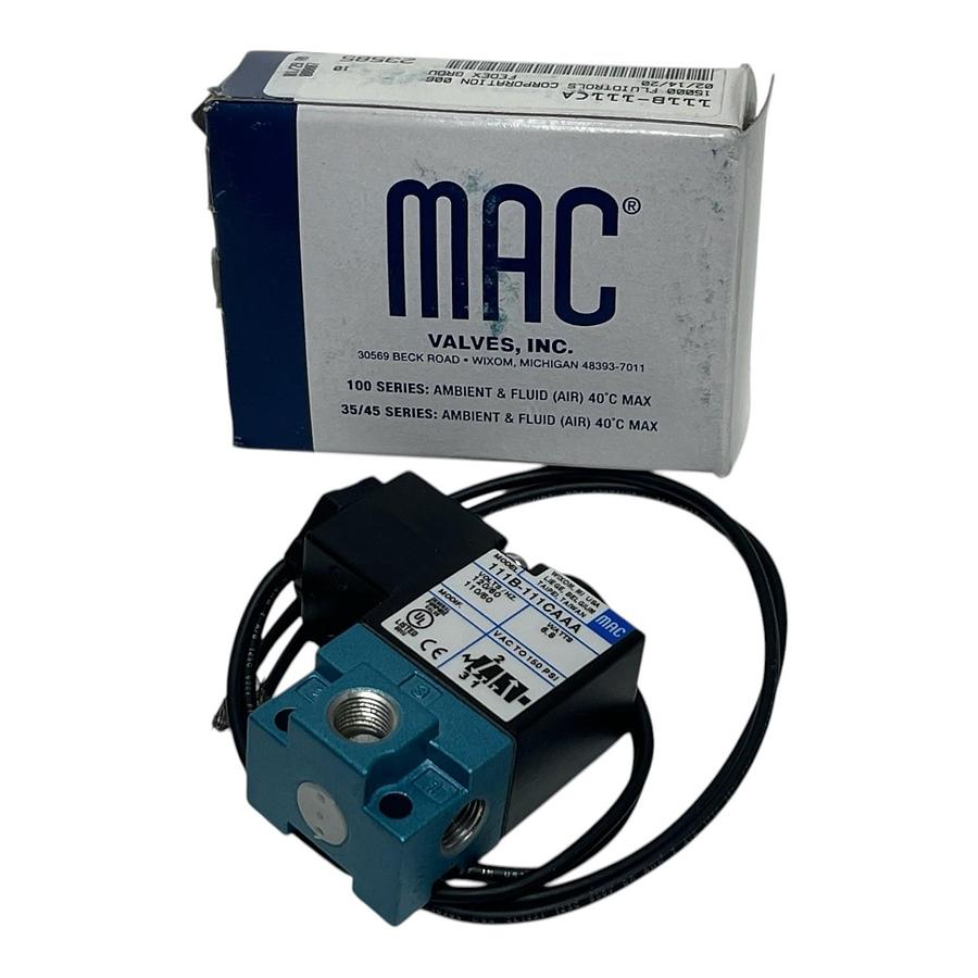MAC Valves 111B-111CA Pneumatic 3-Way Solenoid Valve 100 Series New Surplus
