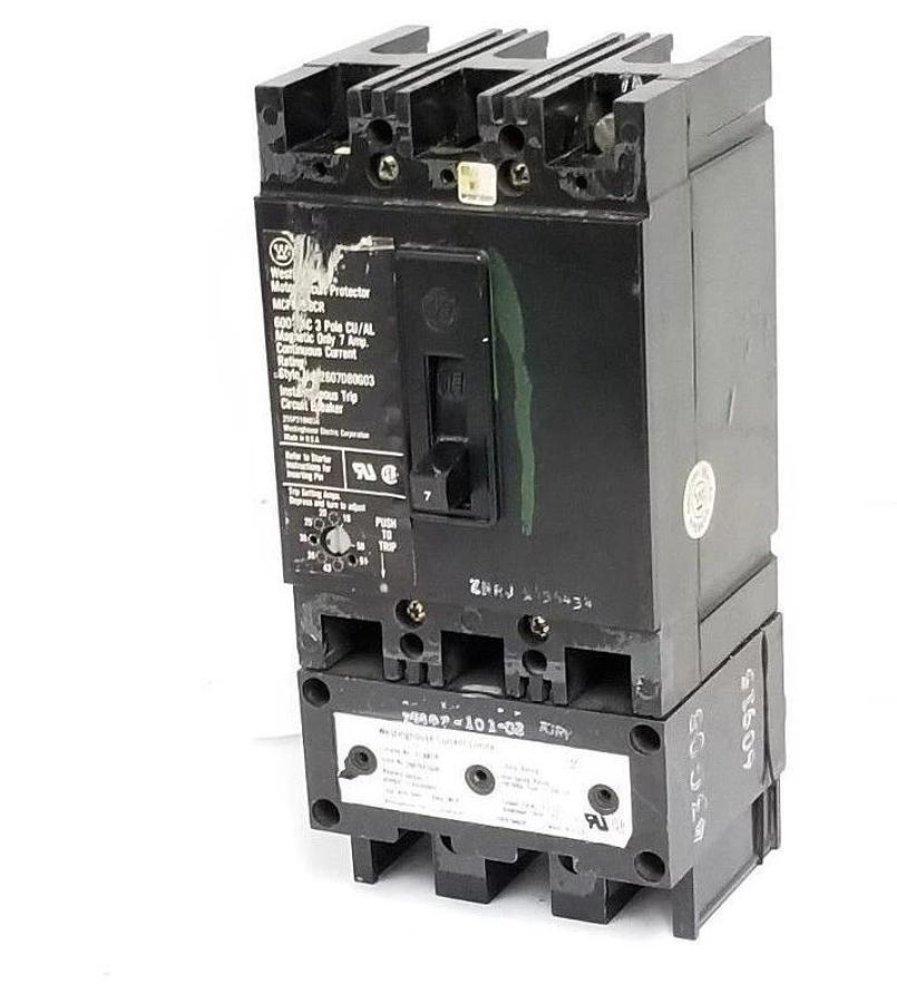 Used WESTINGHOUSE 2607D80G03 CIRCUIT BREAKER MCP0358CR , 7AMP 3POLE 600VAC, EL3007R