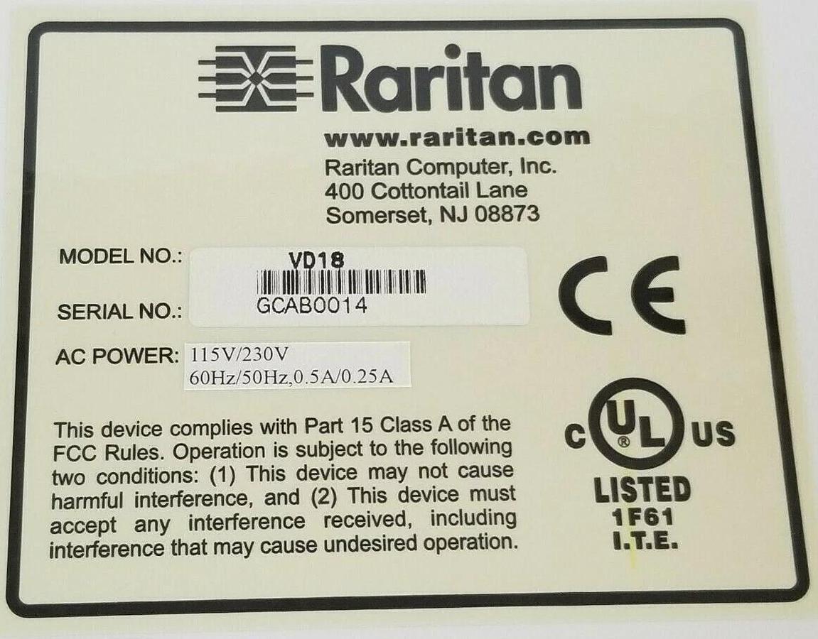 Used NIB RARITAN MODEL: VD18 VIDEOSHARE CONSOLE 115V/230V 60/50HZ .5A/.25A CMV1MP
