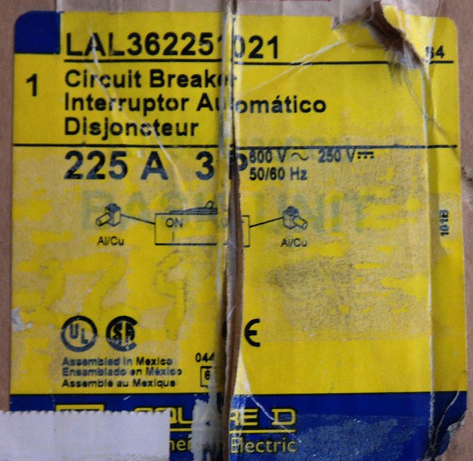 Used NEW SQUARE D LAL36225 FA/LA MOLDED CASE CIRCUIT BREAKER 600V 225A LAL362251021