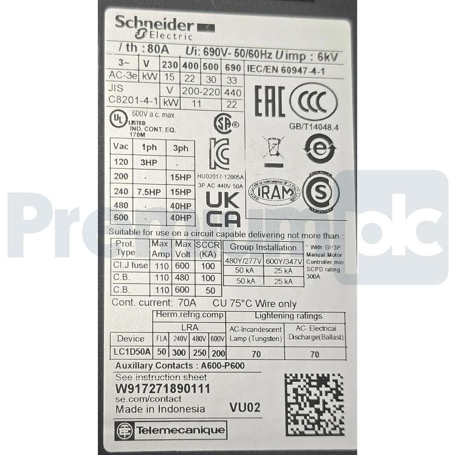 Schneider LC1D50AE7 TeSys D IEC Contactor 3 Pole 40HP@480V 50A, 48VAC Coil NSMP